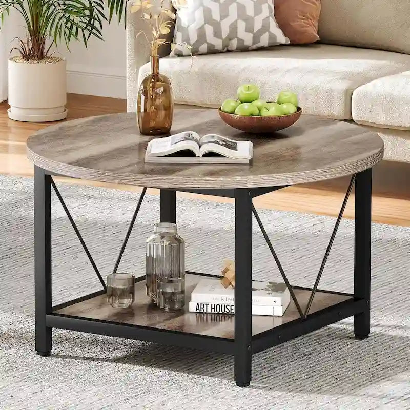 Table basse ronde de style rustique de 80 cm, à 2 niveaux avec étagère de rangement