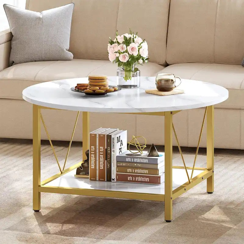 Table basse ronde de style rustique de 80 cm, à 2 niveaux avec étagère de rangement