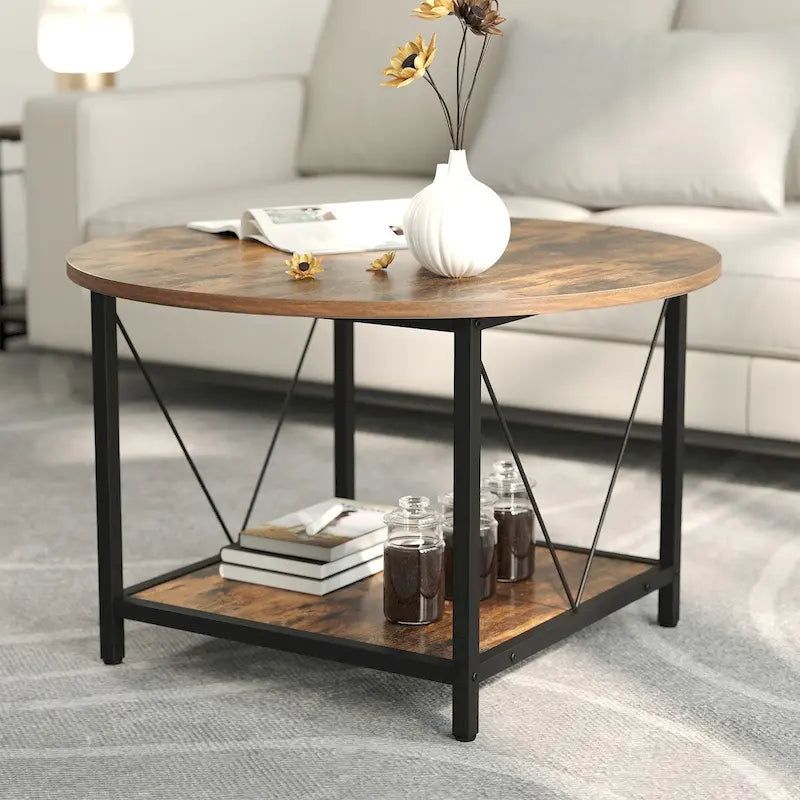 Table basse ronde de style rustique de 80 cm, à 2 niveaux avec étagère de rangement