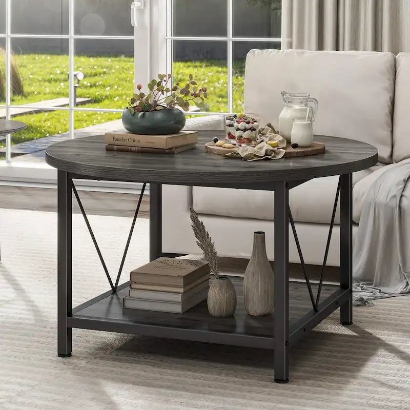 Table basse ronde de style rustique de 80 cm, à 2 niveaux avec étagère de rangement
