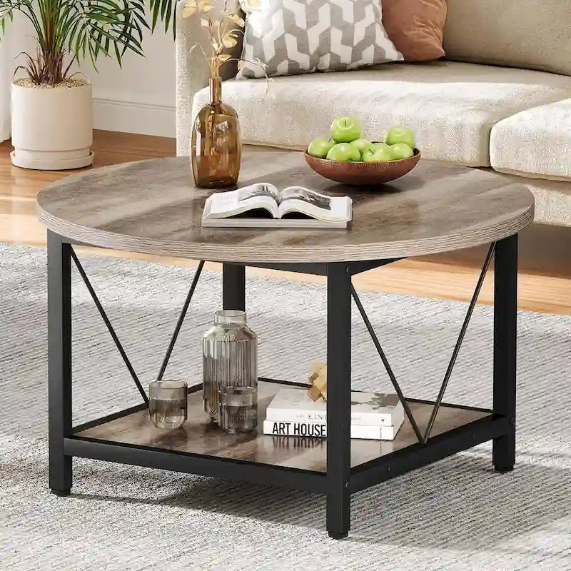 Moasis 31.5 Farmhouse Round Coffee Table, Rustic 2-Tier Center Table with Storage Open Shelf