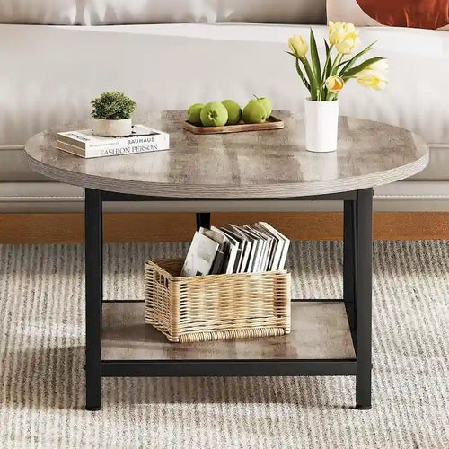 Table basse ronde de style rustique de 80 cm, à 2 niveaux avec étagère de rangement