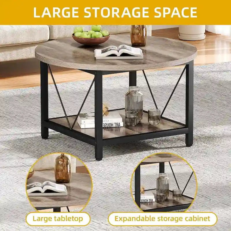 Table basse ronde de style rustique de 80 cm, à 2 niveaux avec étagère de rangement