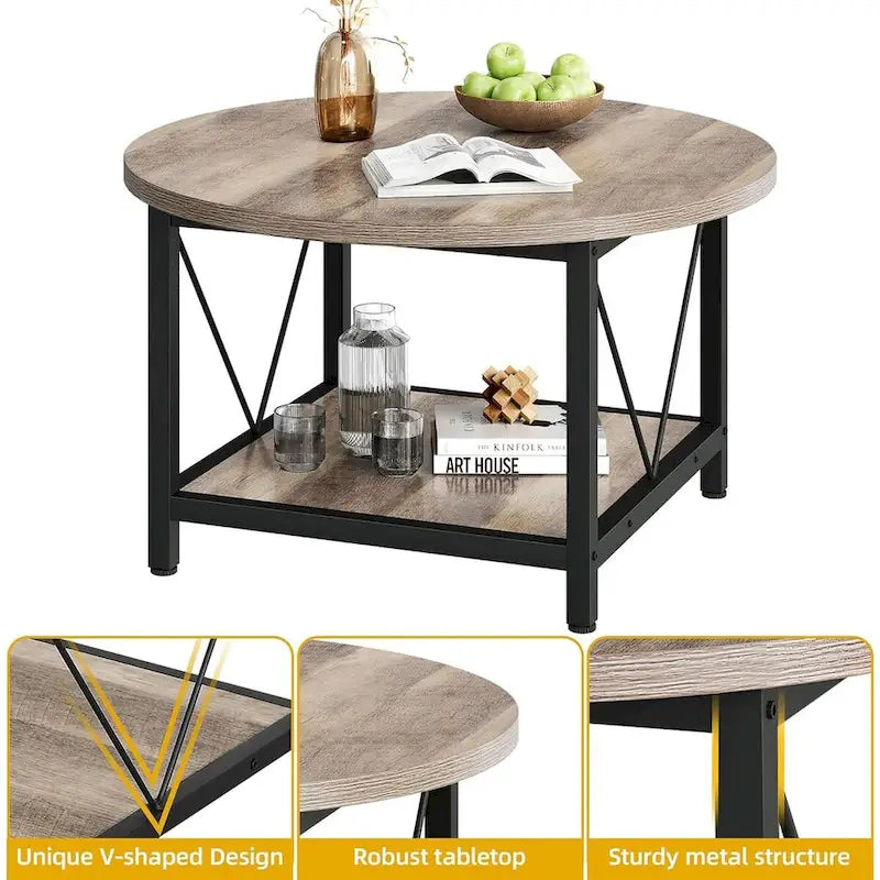 Table basse ronde de style rustique de 80 cm, à 2 niveaux avec étagère de rangement