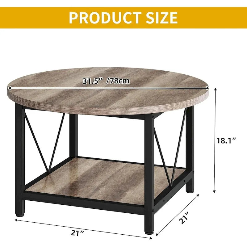 Table basse ronde de style rustique de 80 cm, à 2 niveaux avec étagère de rangement