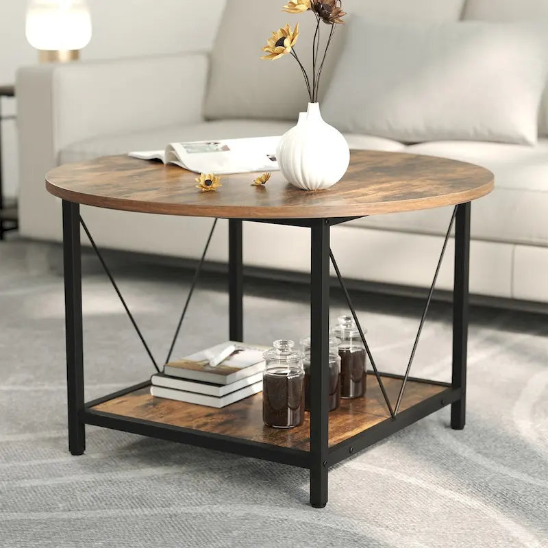Table basse ronde de style rustique de 80 cm, à 2 niveaux avec étagère de rangement