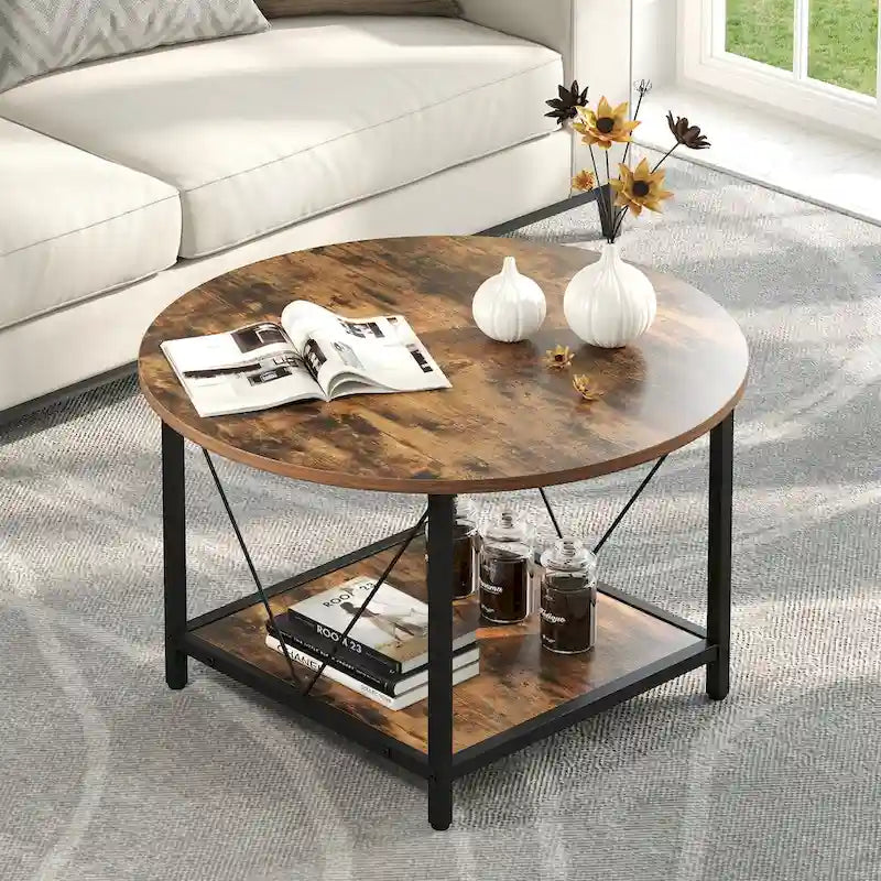 Table basse ronde de style rustique de 80 cm, à 2 niveaux avec étagère de rangement
