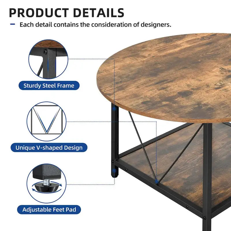 Table basse ronde de style rustique de 80 cm, à 2 niveaux avec étagère de rangement