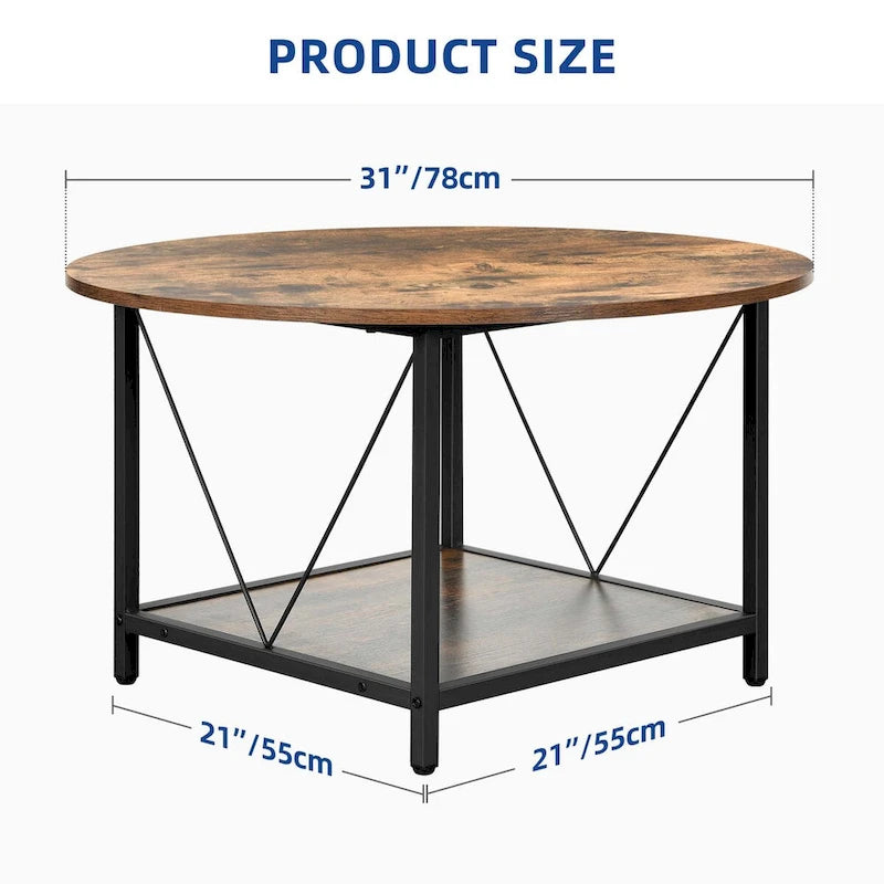 Table basse ronde de style rustique de 80 cm, à 2 niveaux avec étagère de rangement