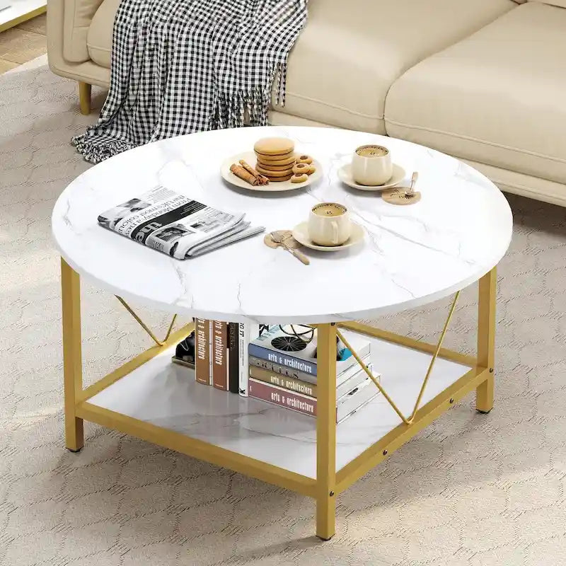 Table basse ronde de style rustique de 80 cm, à 2 niveaux avec étagère de rangement