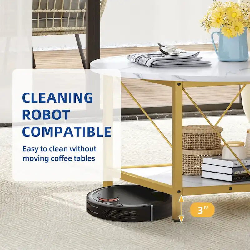 Table basse ronde de style rustique de 80 cm, à 2 niveaux avec étagère de rangement