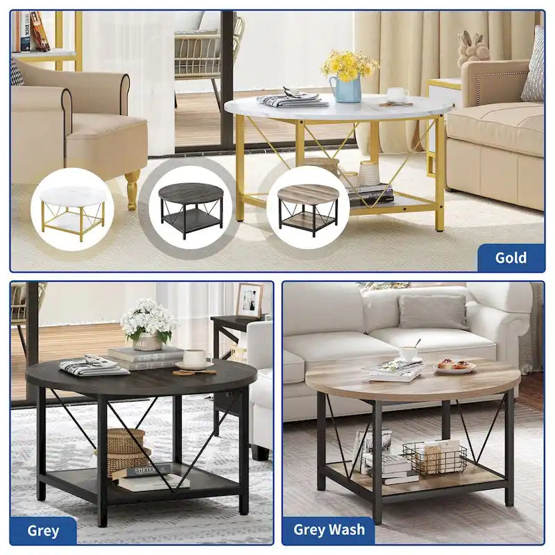 Table basse ronde de style rustique de 80 cm, à 2 niveaux avec étagère de rangement