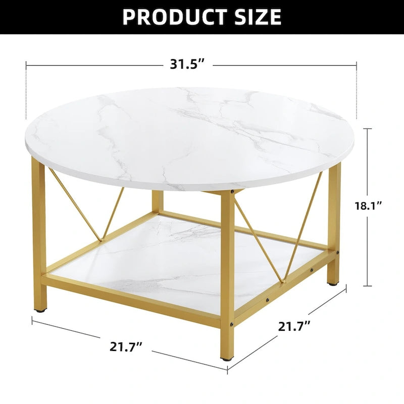 Table basse ronde de style rustique de 80 cm, à 2 niveaux avec étagère de rangement
