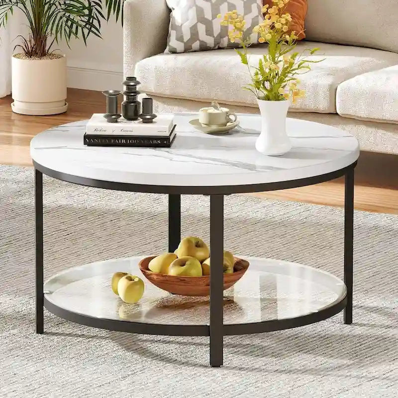 Table basse ronde de style rustique de 80 cm, à 2 niveaux avec étagère de rangement