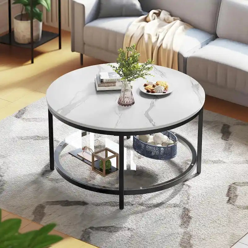 Table basse ronde de style rustique de 80 cm, à 2 niveaux avec étagère de rangement