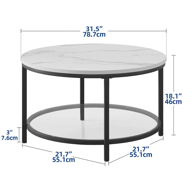 Table basse ronde de style rustique de 80 cm, à 2 niveaux avec étagère de rangement