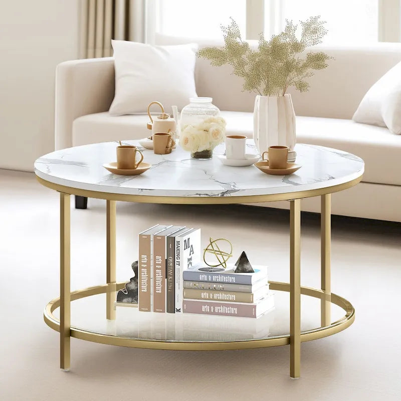 Table basse ronde de style rustique de 80 cm, à 2 niveaux avec étagère de rangement