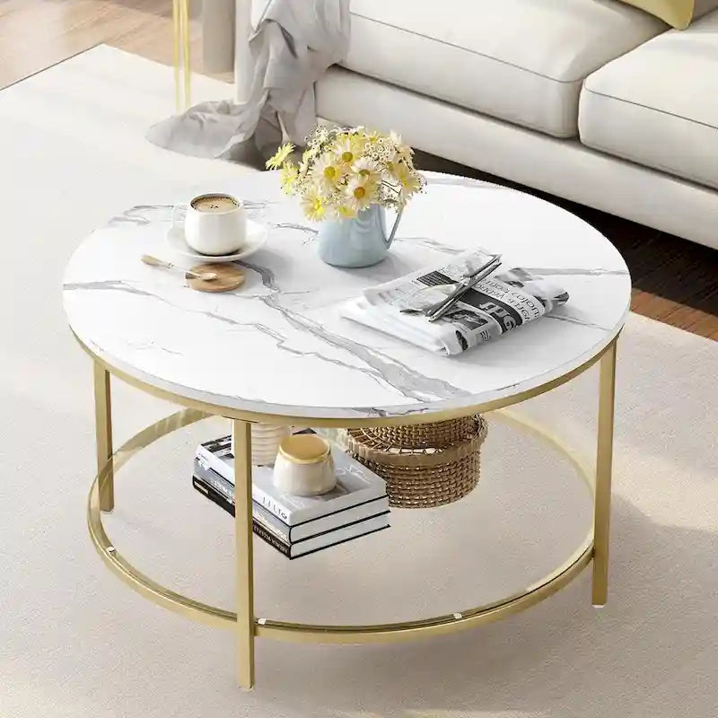 Table basse ronde de style rustique de 80 cm, à 2 niveaux avec étagère de rangement
