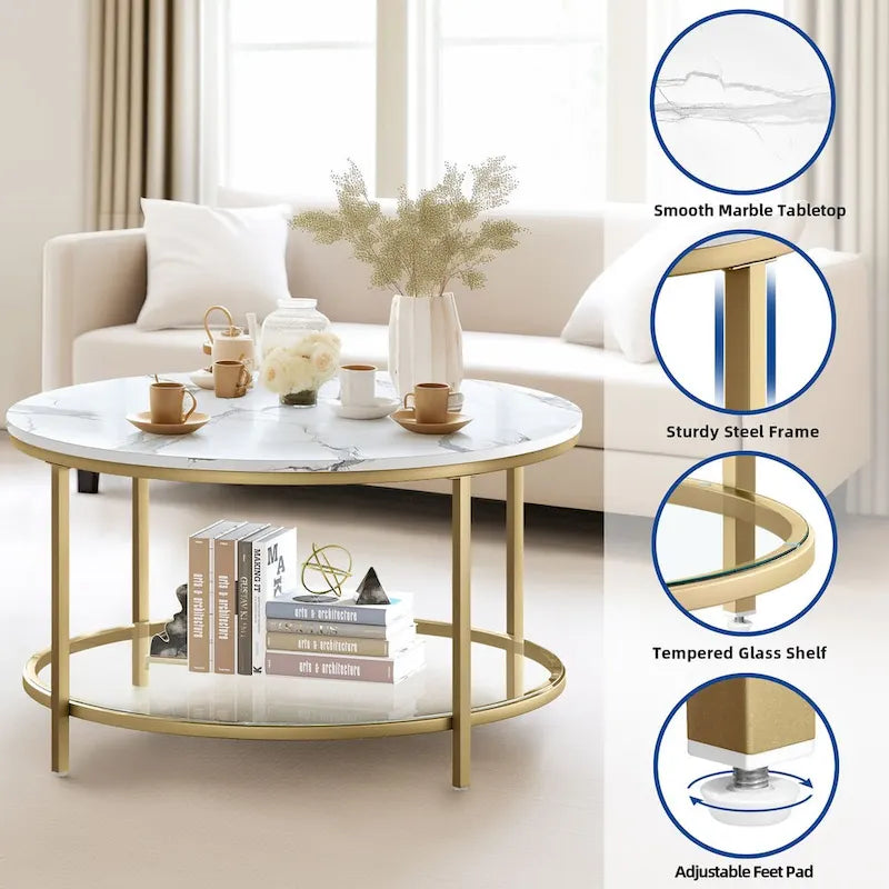 Table basse ronde de style rustique de 80 cm, à 2 niveaux avec étagère de rangement