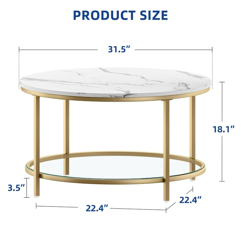 Table basse ronde de style rustique de 80 cm, à 2 niveaux avec étagère de rangement