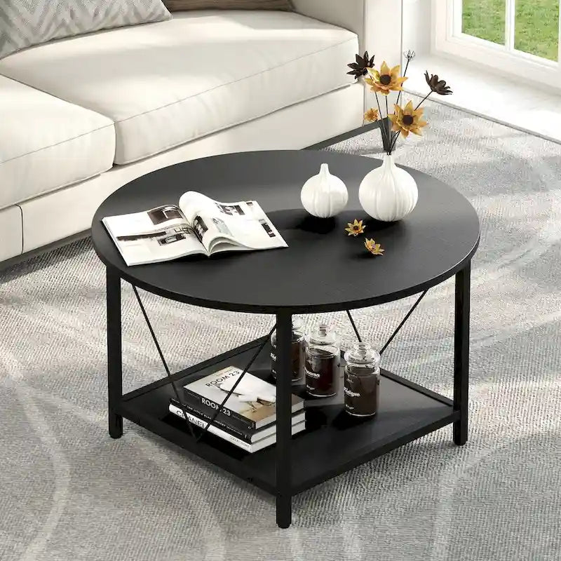 Table basse ronde de style rustique de 80 cm, à 2 niveaux avec étagère de rangement