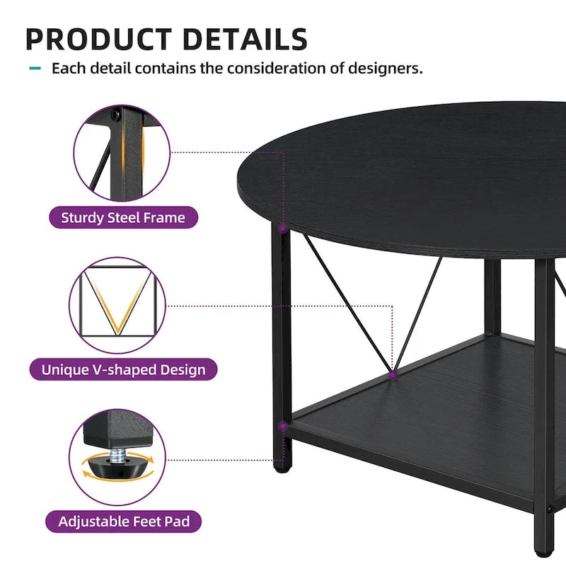 Table basse ronde de style rustique de 80 cm, à 2 niveaux avec étagère de rangement