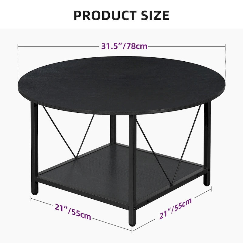 Table basse ronde de style rustique de 80 cm, à 2 niveaux avec étagère de rangement