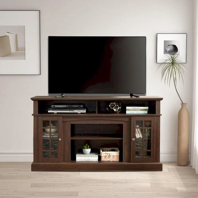Meuble TV classique, console de divertissement moderne, jusqu'à 65 pouces, espaces de rangement ouverts et fermés