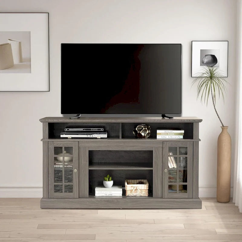 Meuble TV classique, console de divertissement moderne, jusqu'à 65 pouces, espaces de rangement ouverts et fermés