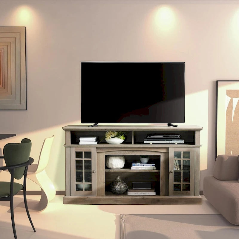 Meuble TV classique, console de divertissement moderne, jusqu'à 65 pouces, espaces de rangement ouverts et fermés