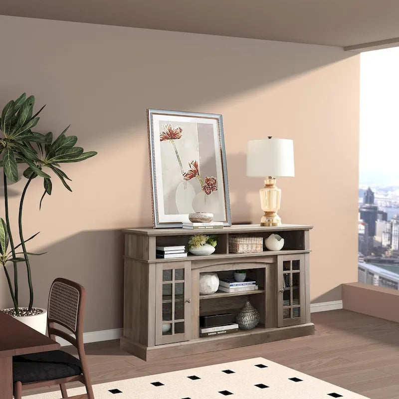 Meuble TV classique, console de divertissement moderne, jusqu'à 65 pouces, espaces de rangement ouverts et fermés