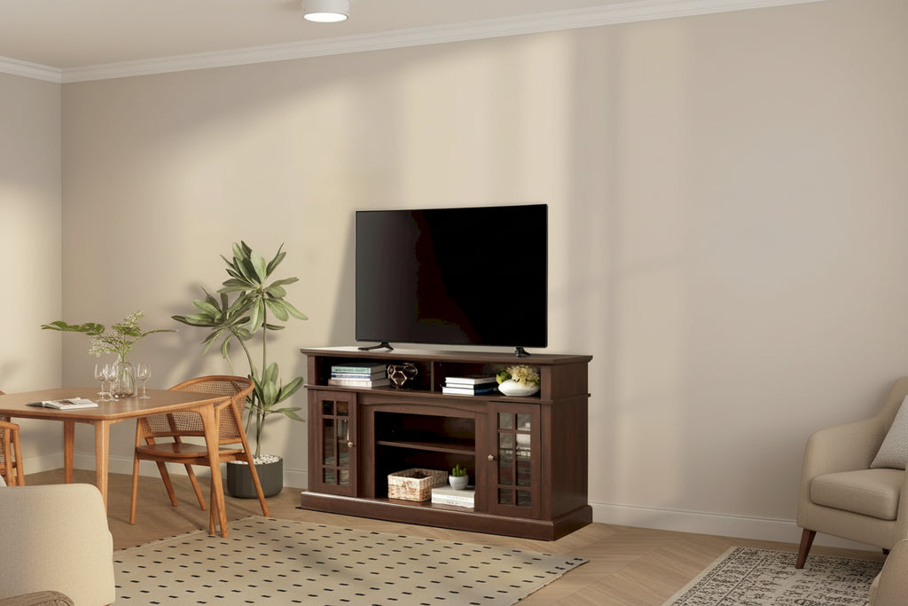 Meuble TV classique, console de divertissement moderne, jusqu'à 65 pouces, espaces de rangement ouverts et fermés