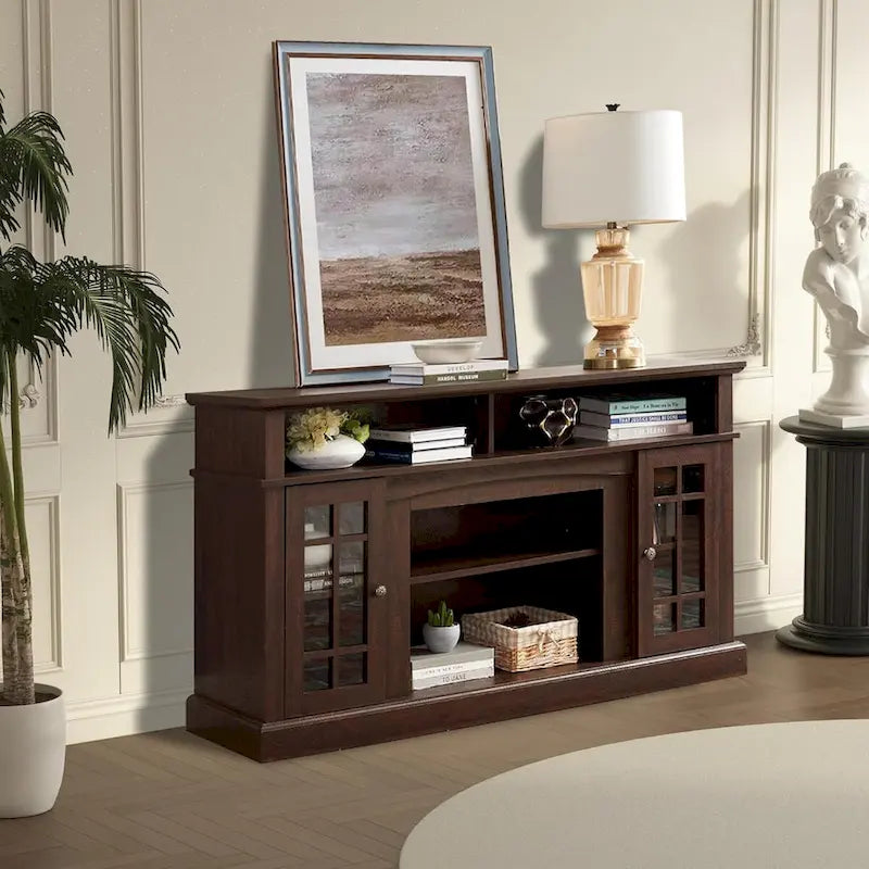 Meuble TV classique, console de divertissement moderne, jusqu'à 65 pouces, espaces de rangement ouverts et fermés