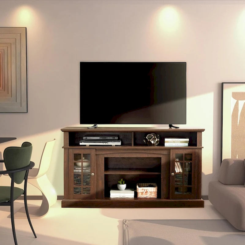 Meuble TV classique, console de divertissement moderne, jusqu'à 65 pouces, espaces de rangement ouverts et fermés