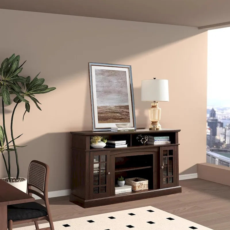 Meuble TV classique, console de divertissement moderne, jusqu'à 65 pouces, espaces de rangement ouverts et fermés