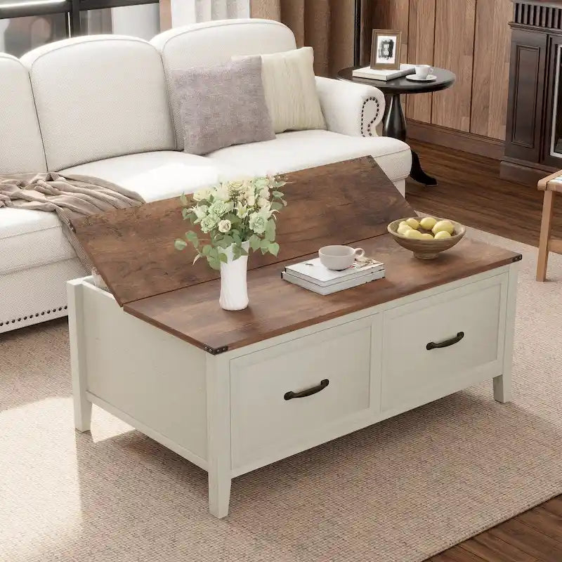 Table basse avec rangement dissimulé, 2 tiroirs et plateau relevable