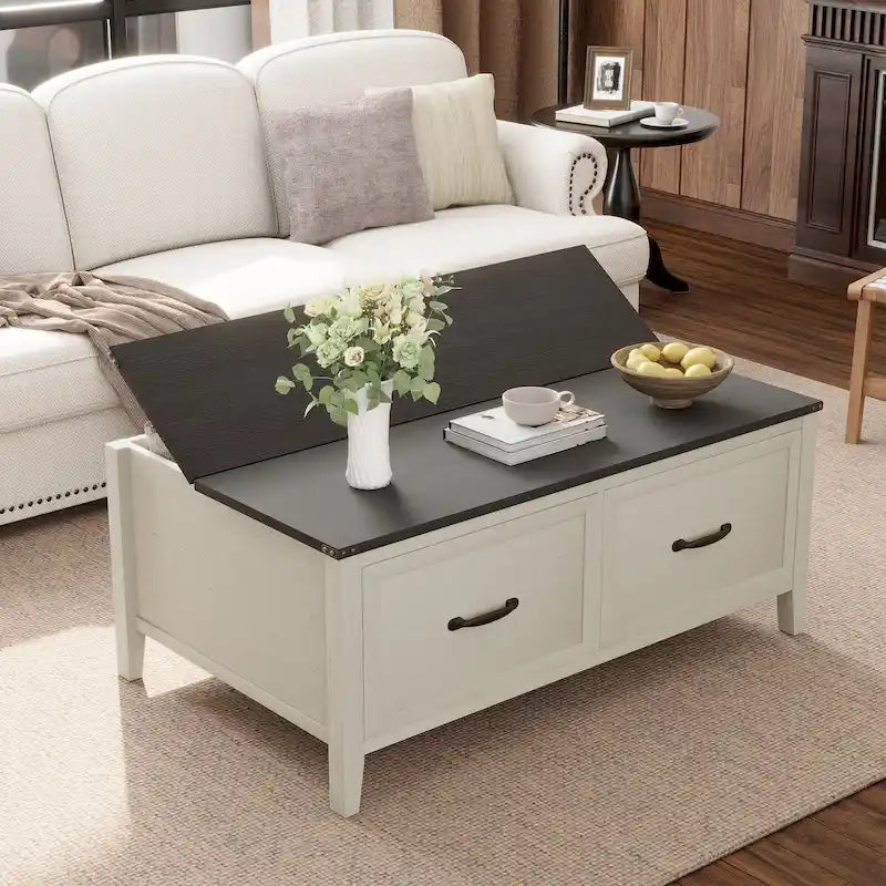 Table basse avec rangement dissimulé, 2 tiroirs et plateau relevable