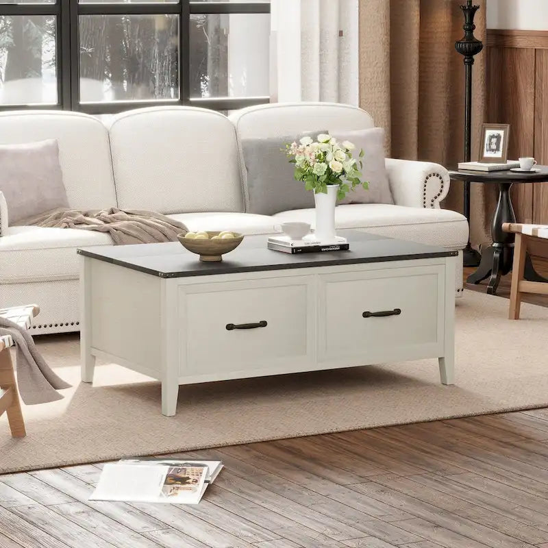Table basse avec rangement dissimulé, 2 tiroirs et plateau relevable
