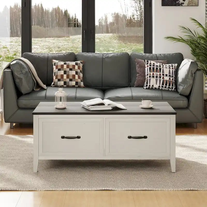 Table basse avec rangement dissimulé, 2 tiroirs et plateau relevable