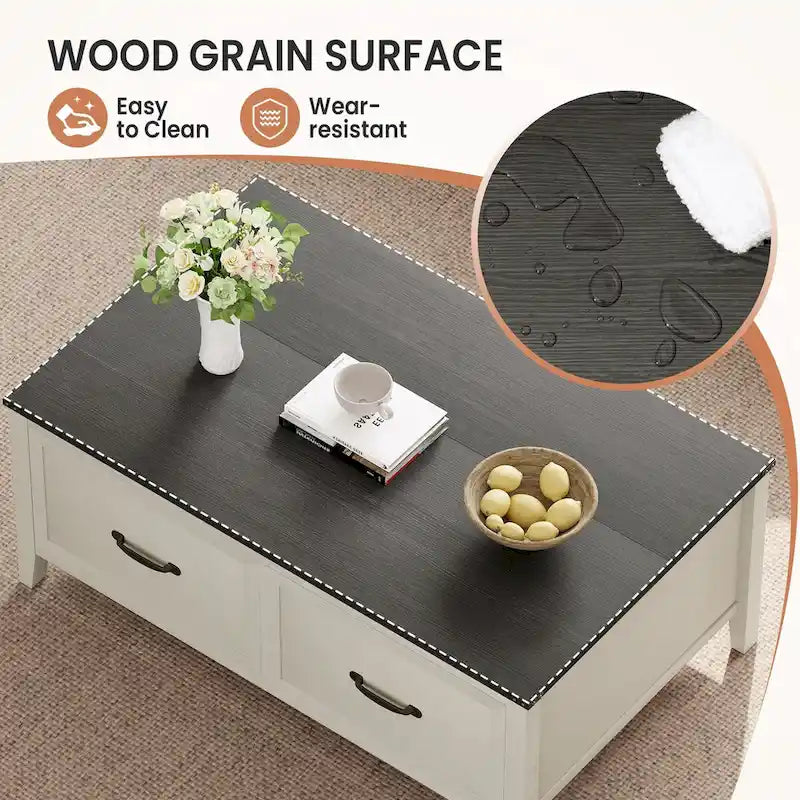 Table basse avec rangement dissimulé, 2 tiroirs et plateau relevable