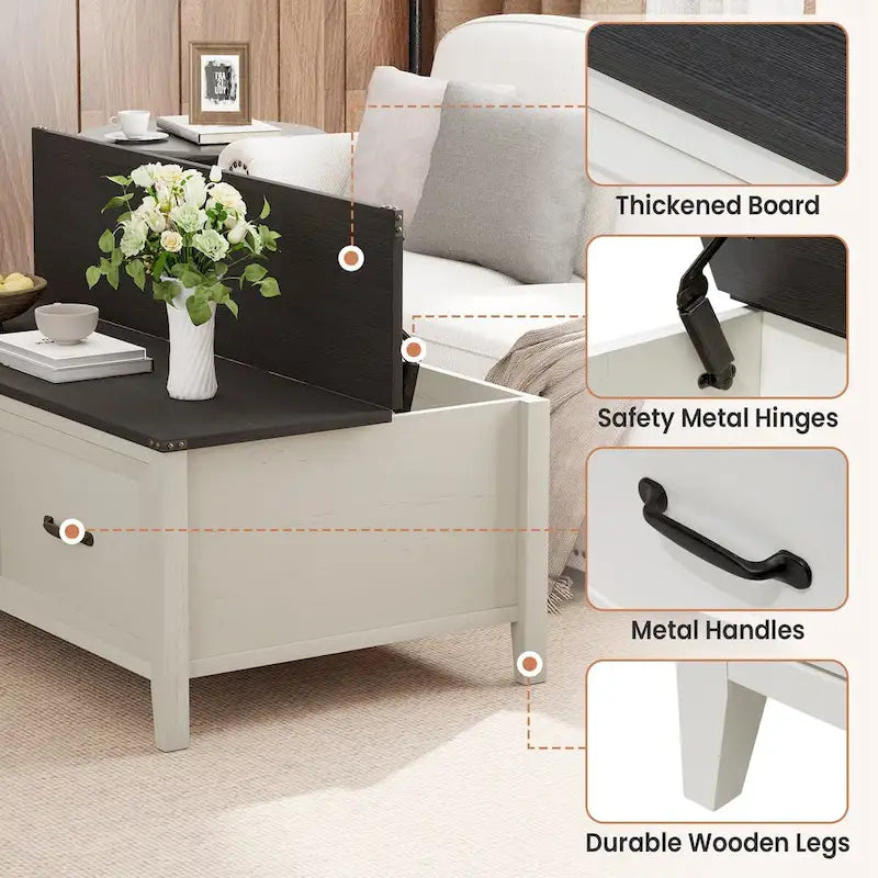 Table basse avec rangement dissimulé, 2 tiroirs et plateau relevable