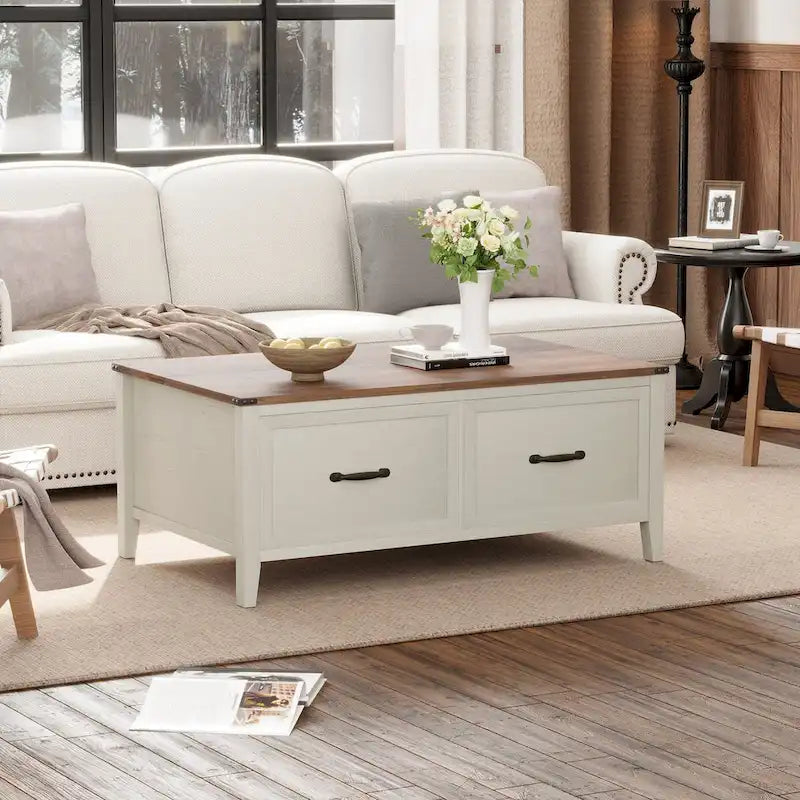 Table basse avec rangement dissimulé, 2 tiroirs et plateau relevable
