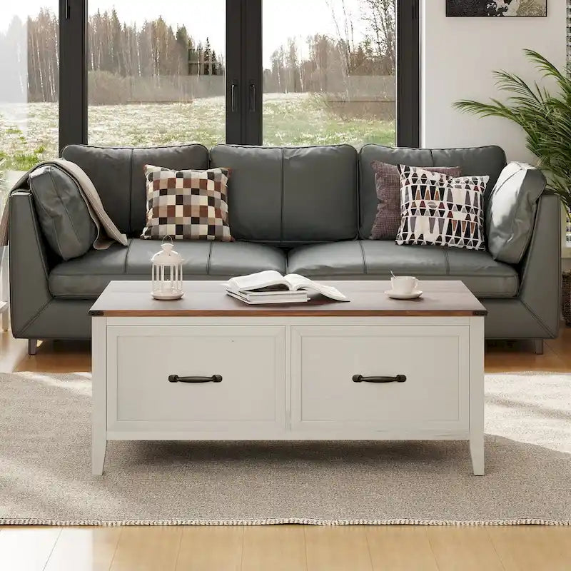 Table basse avec rangement dissimulé, 2 tiroirs et plateau relevable