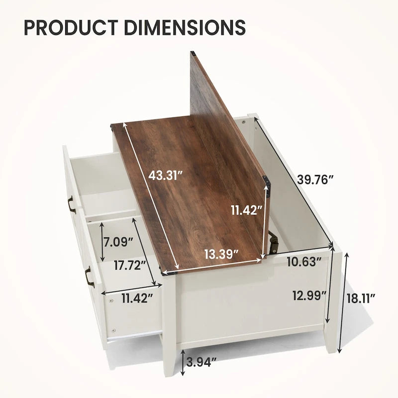 Table basse avec rangement dissimulé, 2 tiroirs et plateau relevable