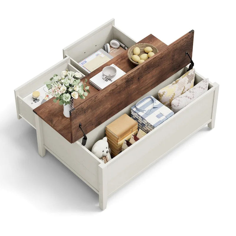 Table basse avec rangement dissimulé, 2 tiroirs et plateau relevable