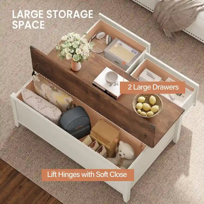 Table basse avec rangement dissimulé, 2 tiroirs et plateau relevable