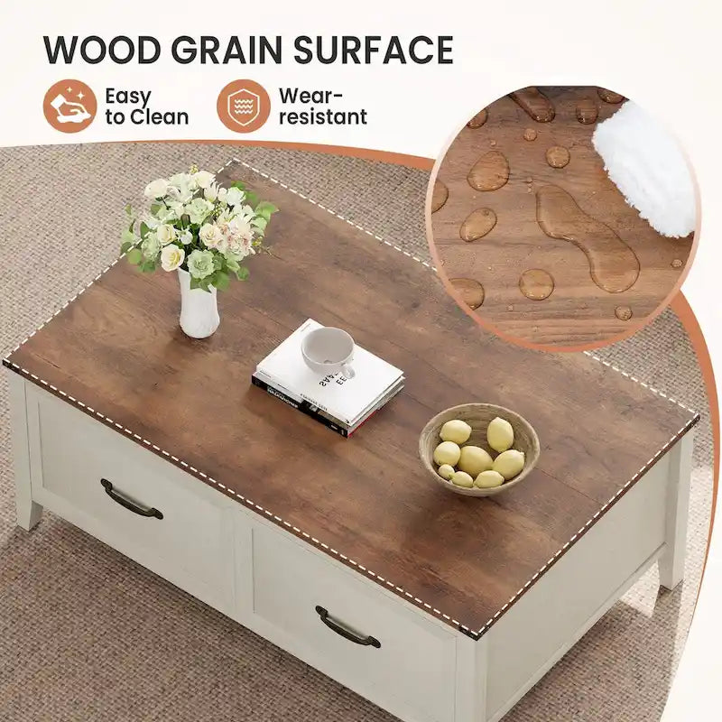 Table basse avec rangement dissimulé, 2 tiroirs et plateau relevable