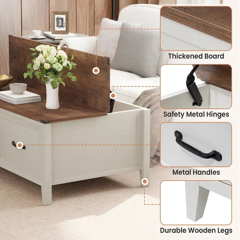 Table basse avec rangement dissimulé, 2 tiroirs et plateau relevable