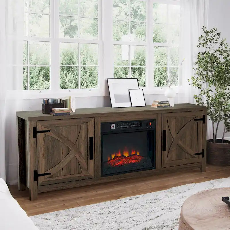 Meuble TV Console avec Foyer Électrique de 58 Pouces, Style Ferme