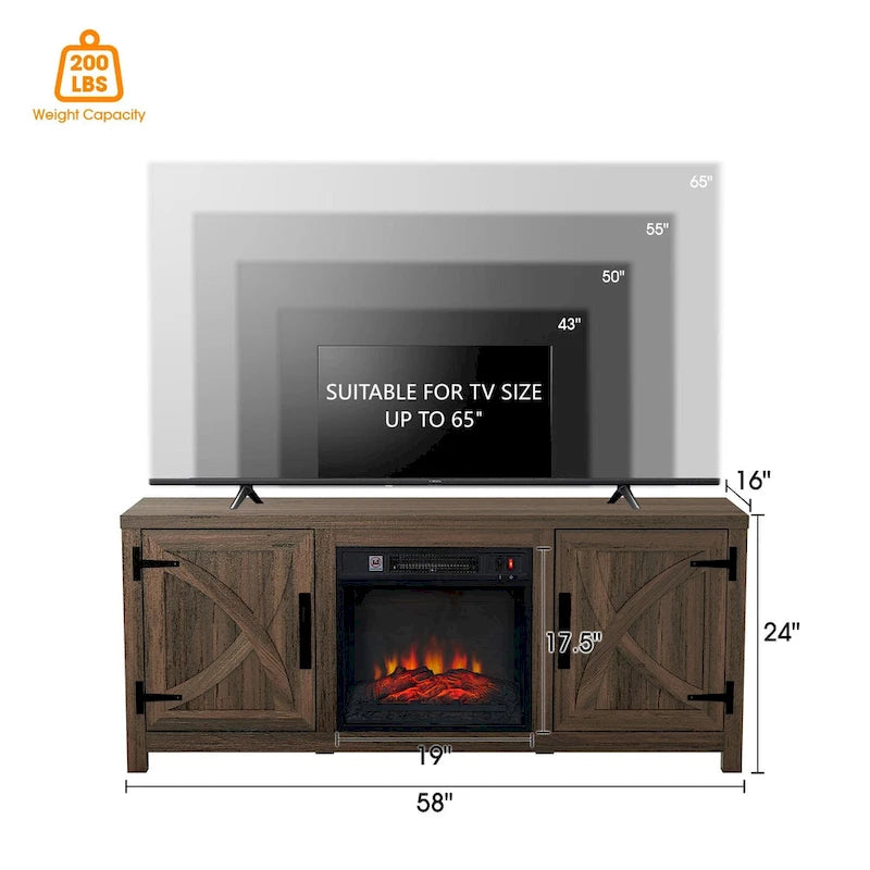 Meuble TV Console avec Foyer Électrique de 58 Pouces, Style Ferme